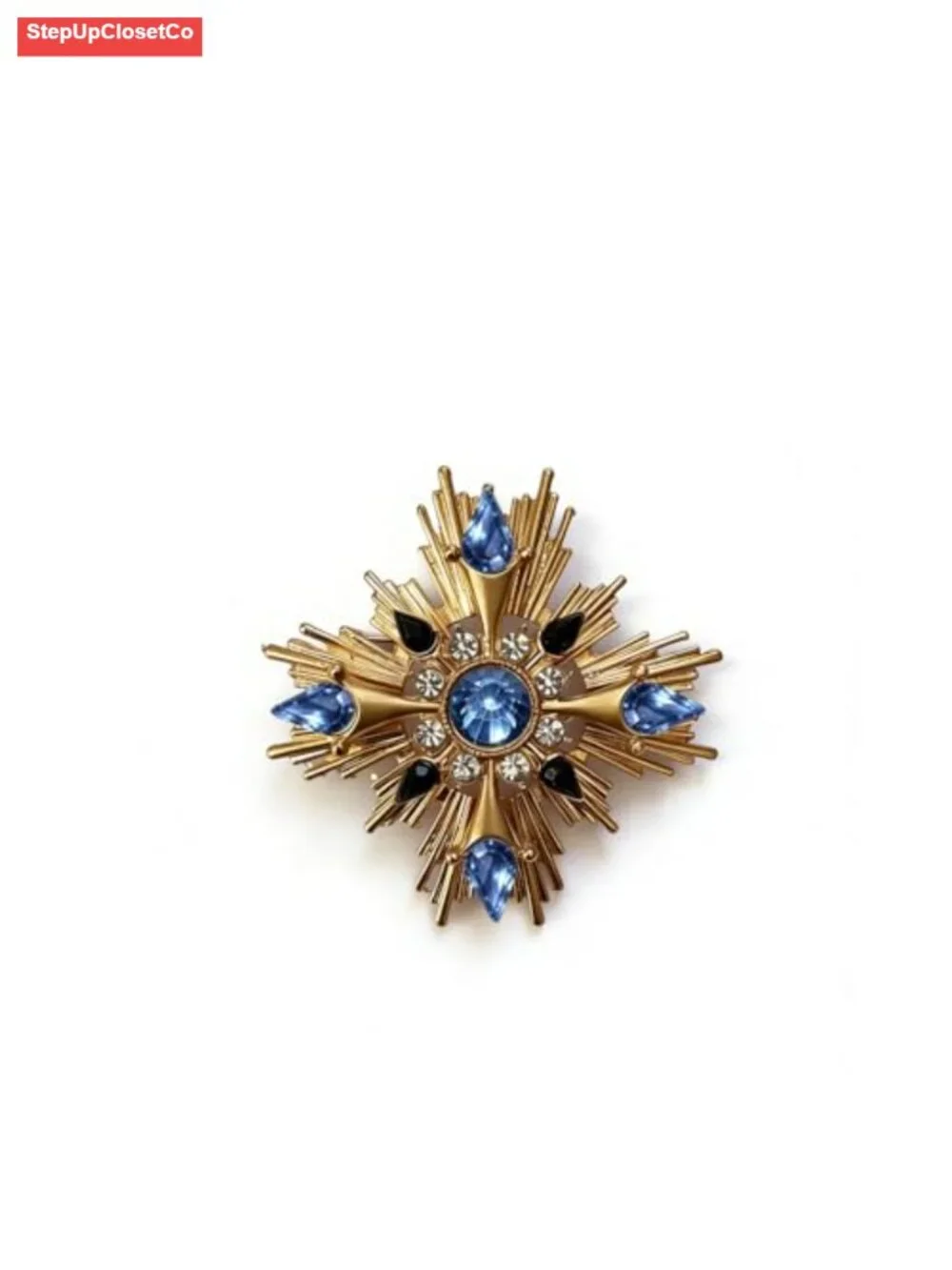 Gold Tone Starburst Statement Brooch with Yellow Center Stone and Crystals for